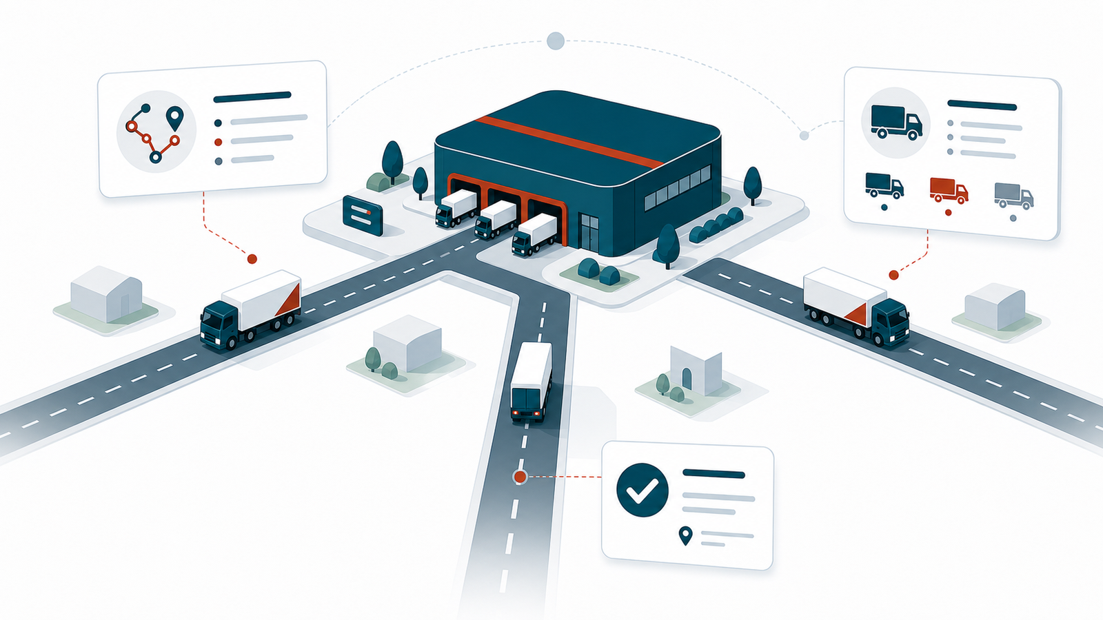 Distribution centre with three trucks setting out on radiating routes, surrounded by routing, fleet, and delivery cards