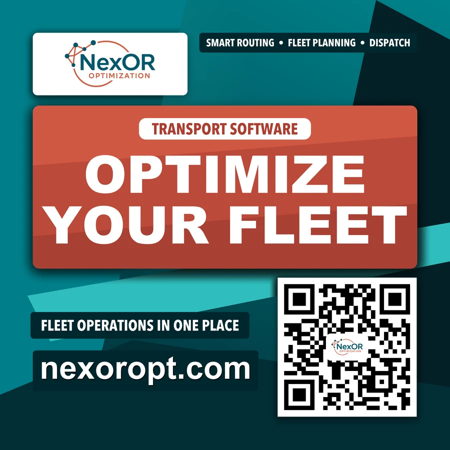 The panel as printed, one metre square: Optimize your fleet, transport software, with a QR code to nexoropt.com