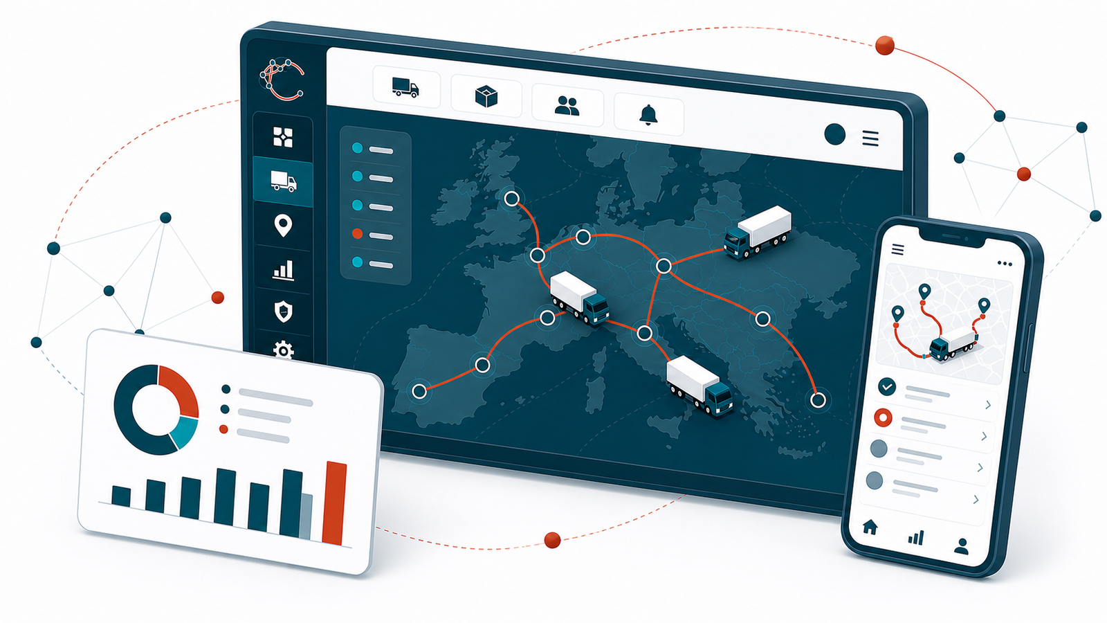 Dispatcher control dashboard showing a Europe map with rust route arcs, deep-teal stop nodes, and three truck icons