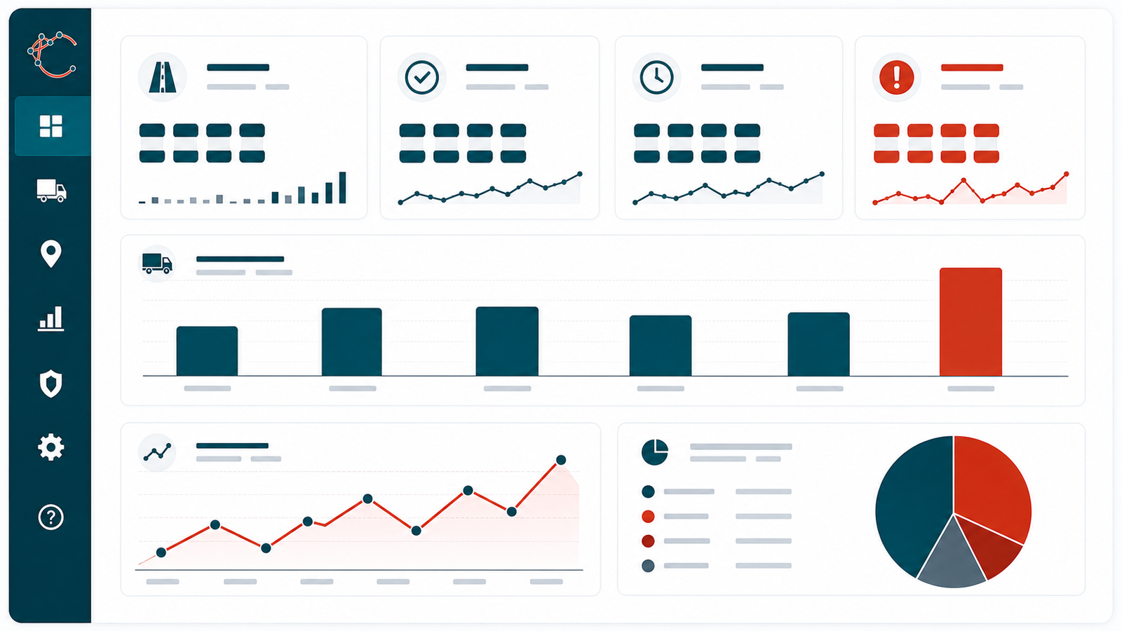 Spreadsheet-style dashboards showing routing, fleet, and solver KPIs as bar charts, line charts, and pivot tables