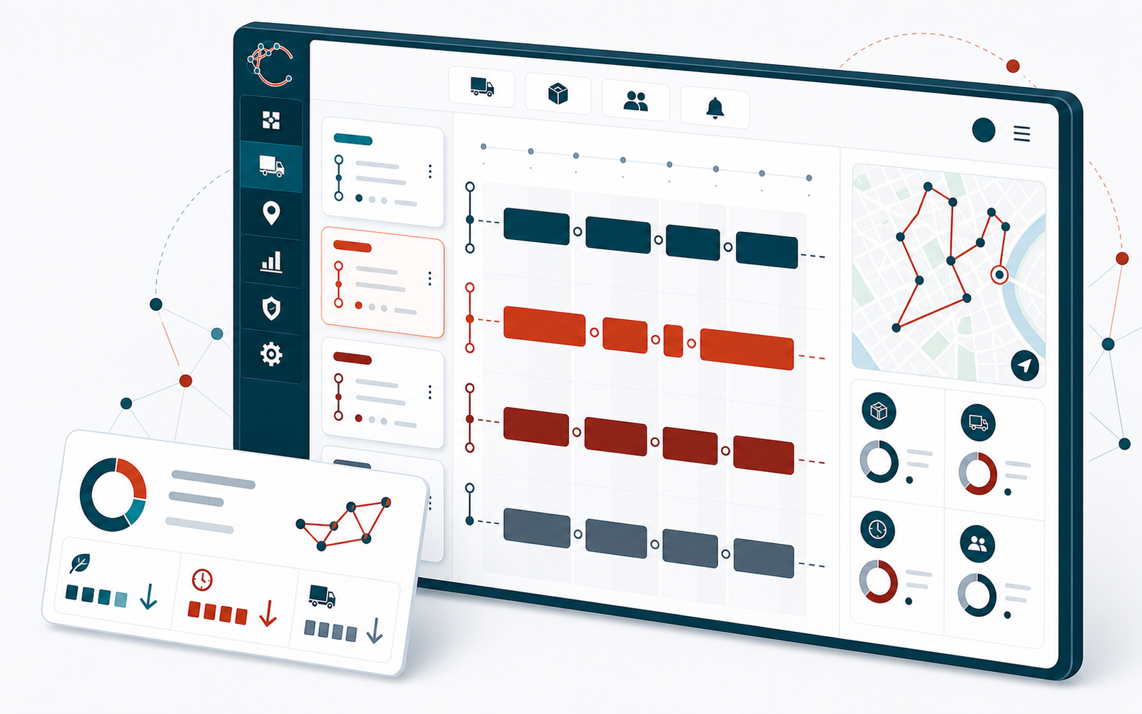 Dispatcher planning dashboard with a route list, calendar view, and per-stop assignment grid