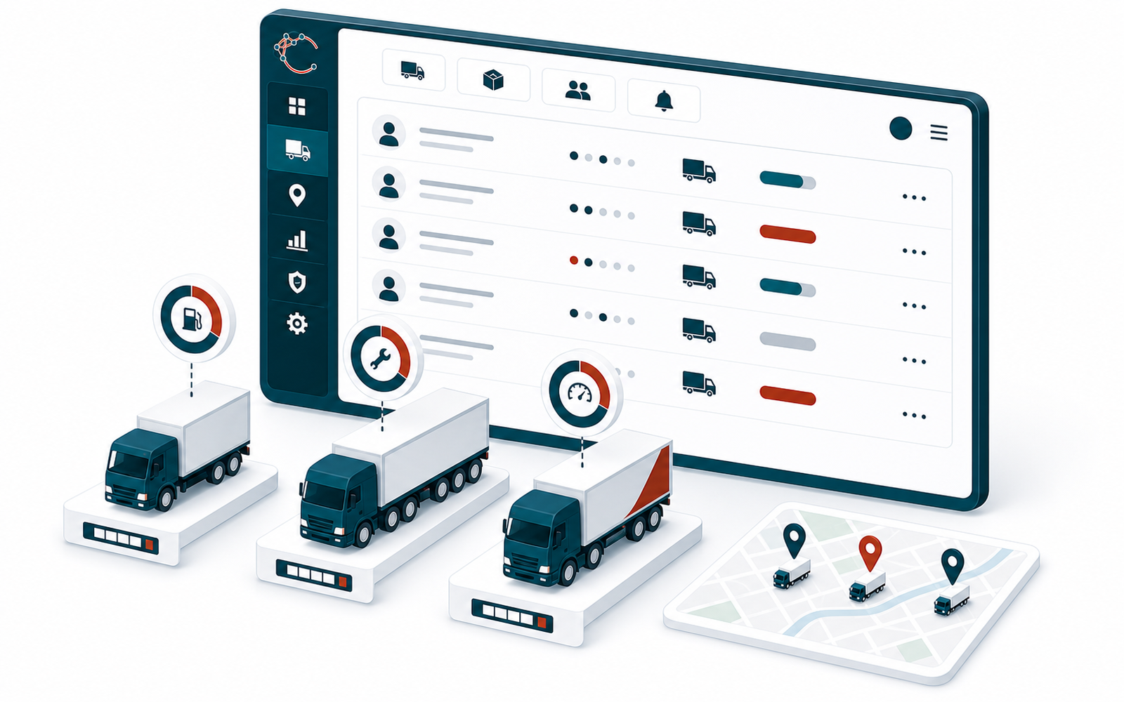 Flat isometric fleet panel: three truck shapes on platform tiles with licence-plate labels, beside a vehicle and driver list view