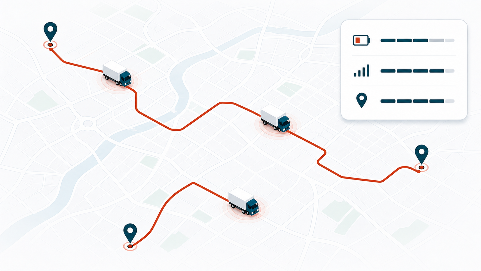 Top-down map view with three rust route polylines winding to deep-teal stop pins, each route showing a tracked truck along its path