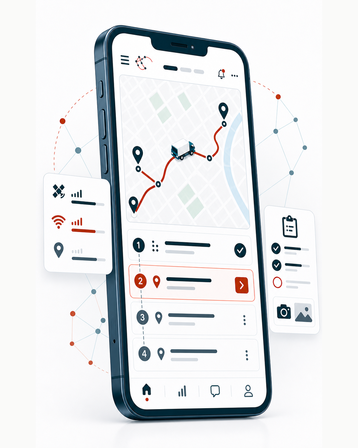 NexGo driver app on a smartphone, showing today's route map with stop pins and per-stop operation buttons