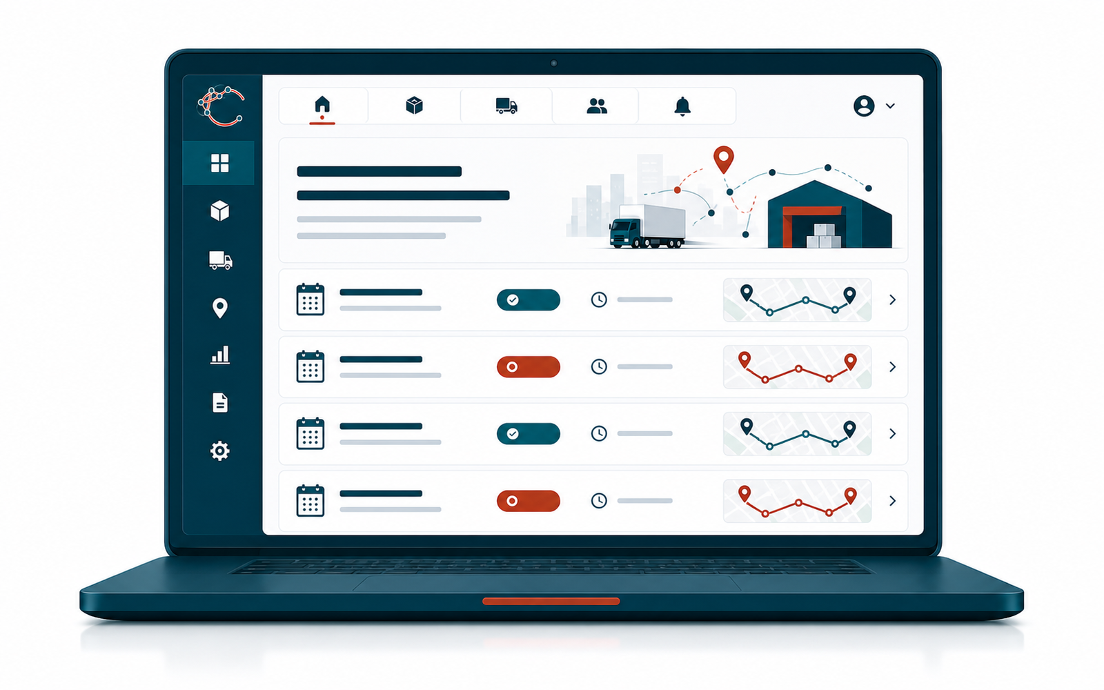 Customer portal on a laptop, showing assigned routes and delivery ETAs