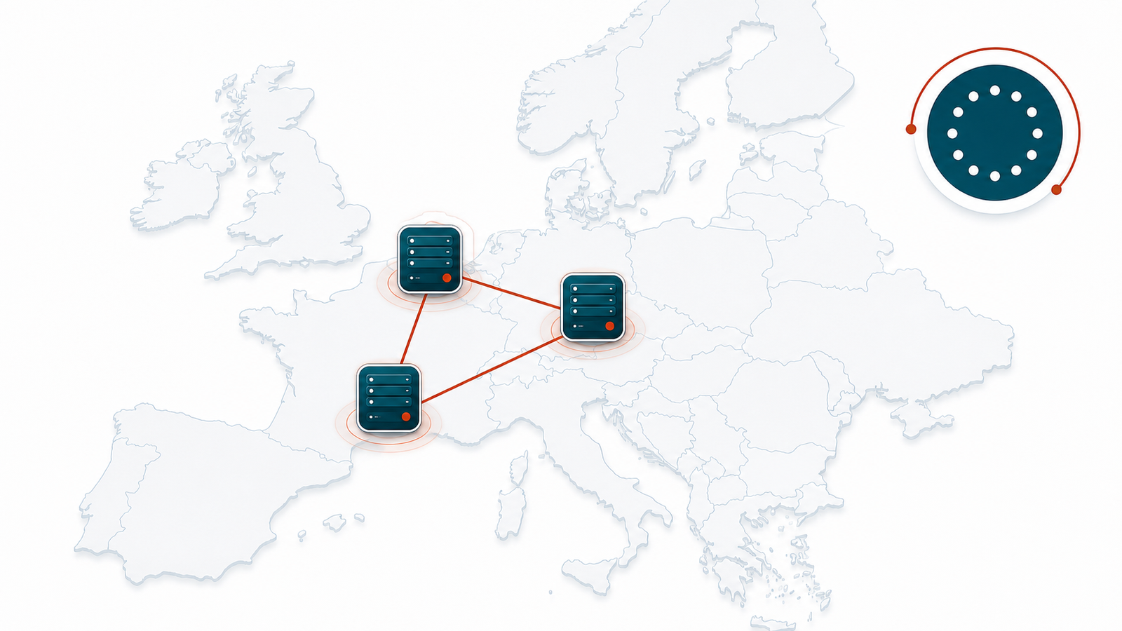 Flat map of Europe with three glowing data-centre icons over Western Europe, marking NexOR's EU hosting regions
