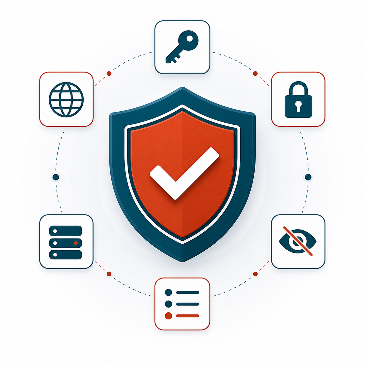 Deep-teal shield with a rust panel and a centred white check mark, ringed by glyph badges for key, lock, globe, audit log, and server stack
